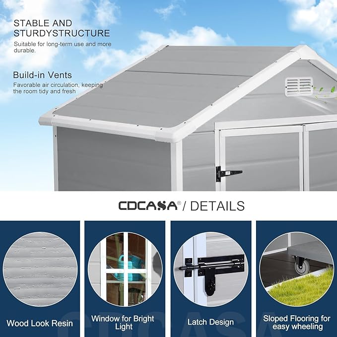 CDCASA 6x3 FT Resin Storage Shed, Waterproof Outdoor Storage Sheds with Floor & Window & Double Lockable Doors, Tool Shed for Garden, Patio, Backyard, Light Grey