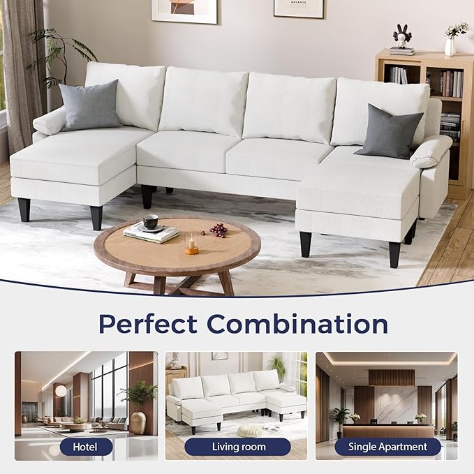 U Shaped Sectional Couch, Convertible Modular Sectional Sofa with Chaise & Ottomans, Modern 6 Seat U Shaped Couches for Living Room Apartment, Beige