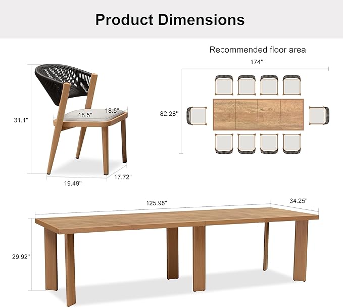 PURPLE LEAF 11-Piece Patio Dining Set Outdoor Furniture Rectangular Table and Chairs Set with Aluminum Frame and Teak-Finish for Garden Deck Backyard Kitchen Sunlit Teak Outdoor Set