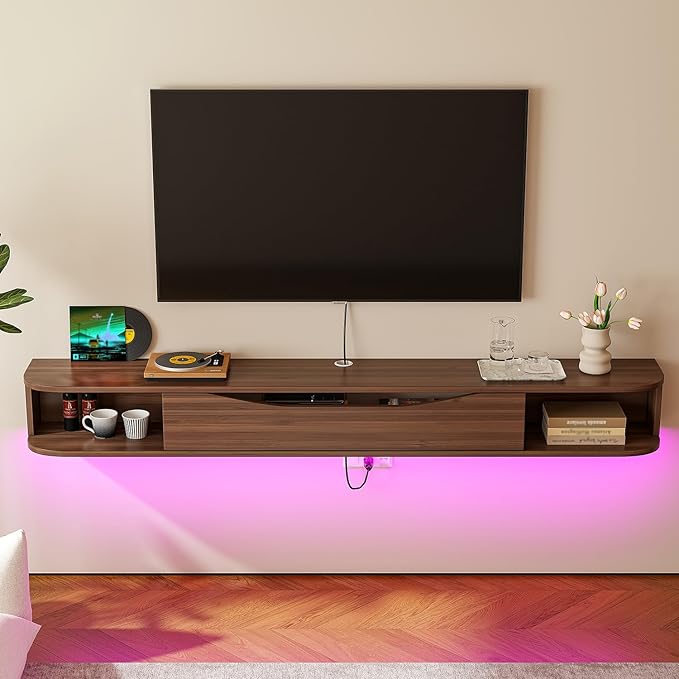 Floating TV Stand,94'' Wall Mounted TV Cabinet,Floating TV Console,Under TV Shelf with 1 Door and 2 Cabinets for TVs up to 90''(Walnut)