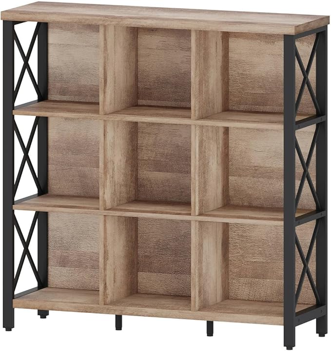 FATORRI 9 Cube Storage Bookshelf, 4 Shelf Book Shelf, Farmhouse Wood and Metal Cubby Bookcase for Home Office Kitchen (39.37 Inch W, Rustic Oak)