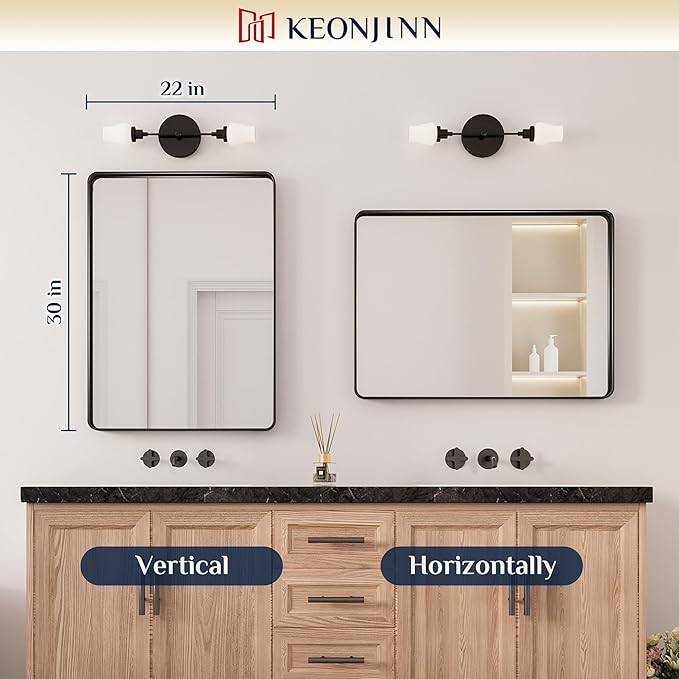 Keonjinn Black Bathroom Mirror, 22 x 30 Inch Rounded Rectangle Matte Black Bathroom Mirrors for Over Sink, Farmhouse Mirror with Seamless Frame, HD Tempered Glass Vanity Mirror(Horizontal/Vertical)