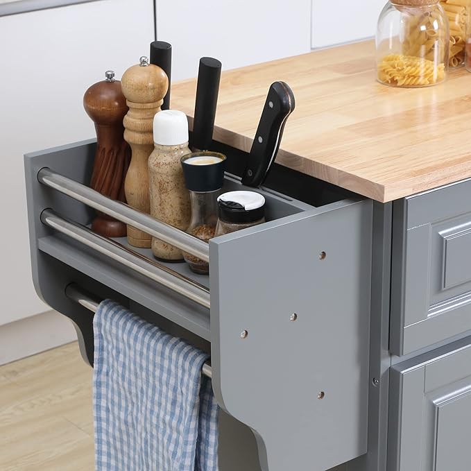 HOMCOM Rolling Kitchen Island Cart with Drop Leaf, Kitchen Cart on Wheels with Rubber Wood Top, 2 Drawers and 2 Storage Cabinets, Island Table for Kitchen, Dining Room, Dark Gray