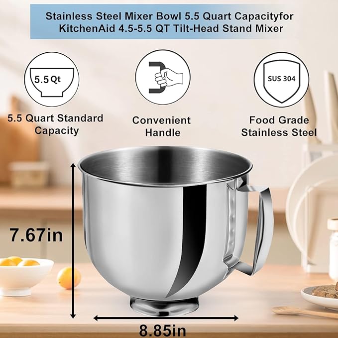 5.5 Quart Stainless Steel Mixer Bowl for KitchenAid Stand Mixers, Compatible with 4.5 & 5 QT Kitchen Aid Tilt-Head Mixers, KitchenAid Mixer Accessories&Replacement Bowl
