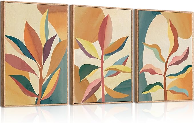 BINCUE Large Wood Tropical Palm Leaf Wall Art Set Boho Framed Wall Decor Nature Abstract Art Landscape Artwork for Living Room Bedroom Office 16x24 Inches