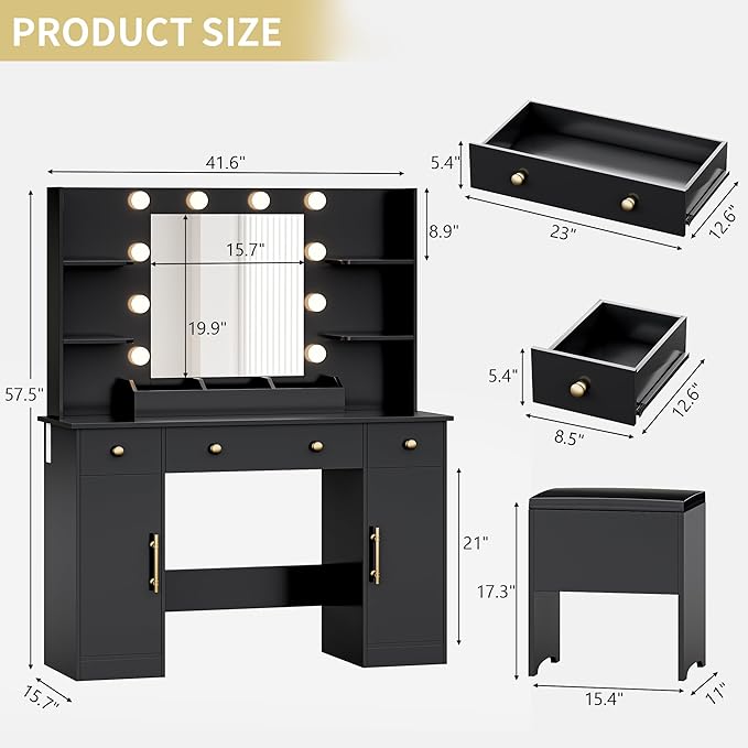 Vanity Desk with Mirror and Lights, Makeup Dressing Table Set with Storage Drawers & Stool, Power Outlet, 3 Lighting Modes Adjustable Brightness & RGB Ambient Light for Women Girls Bedroom, Black