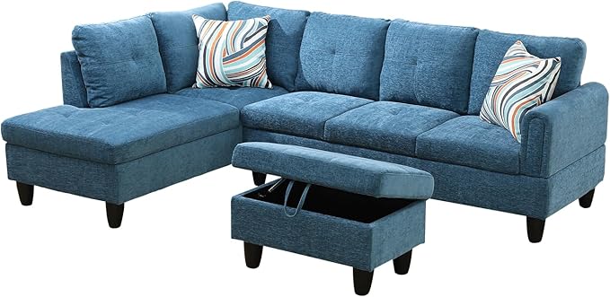 L-Shape 3-Piece Cloud Sofa, Couch for Living Room, Blue Flannel Fabric L-Shape with Reversible Chaise & Storage Ottoman, Ergonomic 110–115° Recline, Solid-Wood Frame
