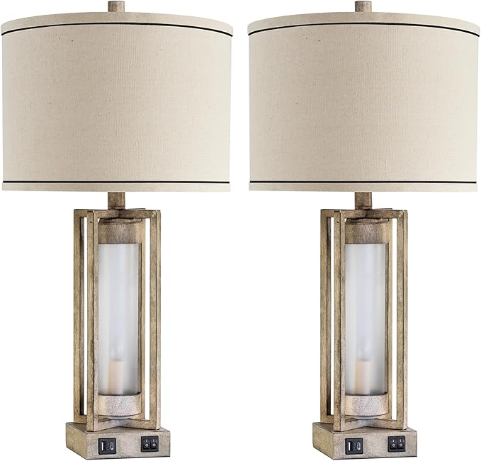 RORIANO 25" Set of 2 Farmhouse Table Lamps for Living Room with USB A+C Ports, Rustic Nightstand Lamp with White Night Light, Vintage Desk Lamp for Entryway Bedroom End Table, 4 Bulbs Included
