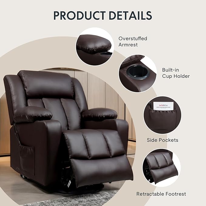 FLEXISPOT XL31 Power Lift Recliner Chair for Elderly, Electric Lift Chair with Massage & Heat, PU Leather Reclining Sofa w/Cup Holders, Side Pockets for Living Room Bedroom(Medium Size,Brown)