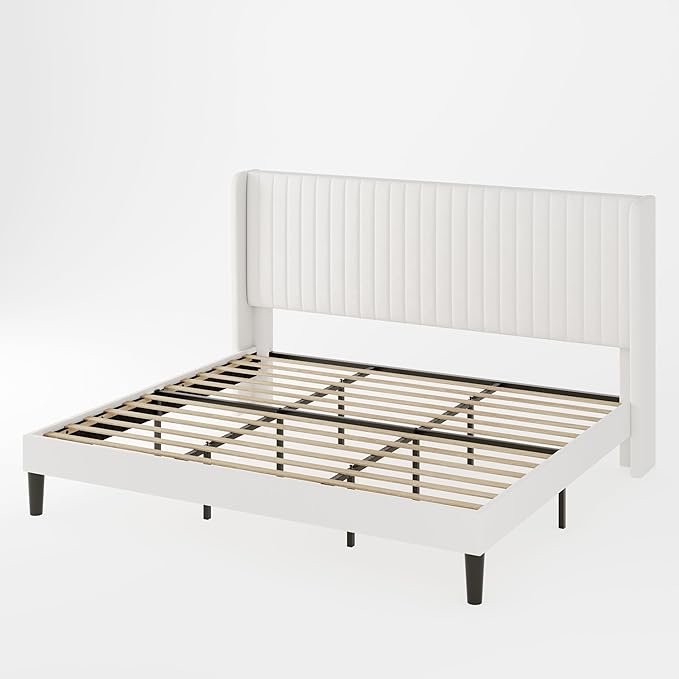Allewie King Size Velvet Bed Frame/Vertical Channel Tufted Wingback Headboard/Upholstered Platform Bed/No Box Spring Needed/Strong Wooden Slats/Easy Assembly/White