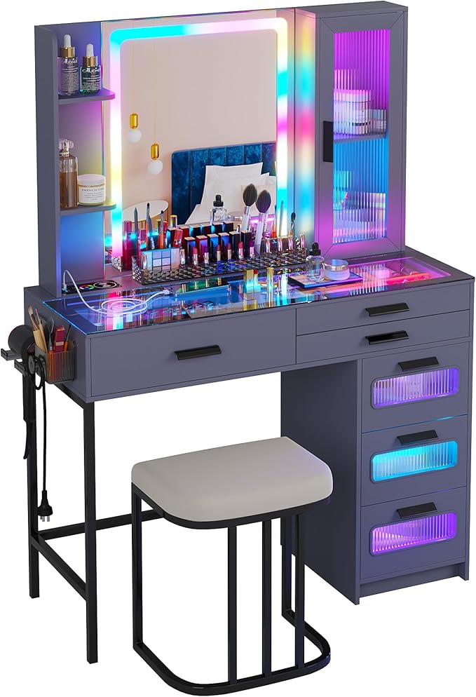 HENBC Vanity with Mirror and LED Lights, Glass Top Vanity Desk with Charging Station(Wireless+USB+Type-C), RGB Makeup Table Set with Stool/Makeup Organizer/6 Drawers for Bedroom (Grey)