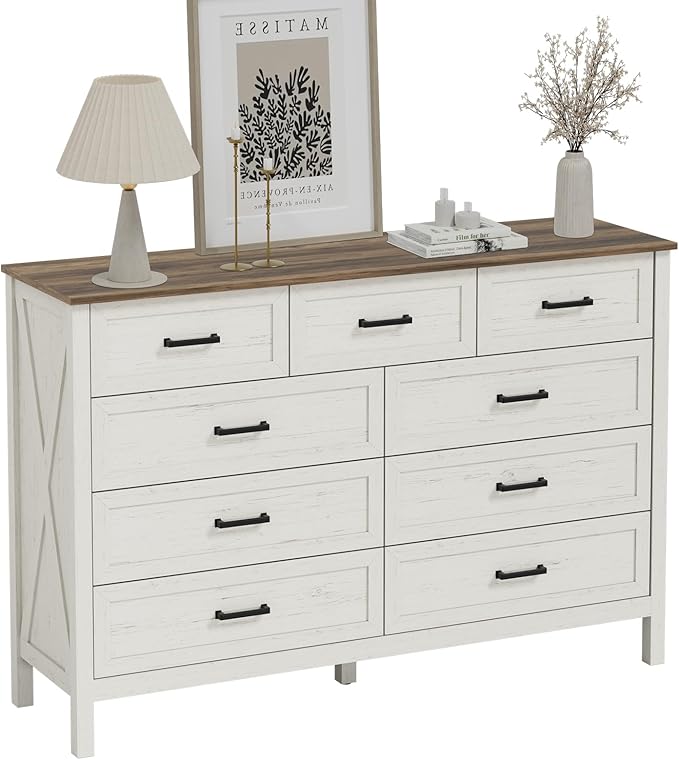 LYNSOM Farmhouse 9 Drawer Dresser for Bedroom, 55 Inch Wide Wood Rustic Chest of Drawers with X-Marking & Bar Handle, Large Storage Dressers Organizer for Bedroom, Living Room, Antique White