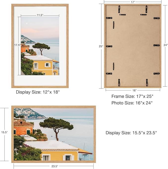 Axeman 16x24 Frame With Mat for 12x18, Solid Oak Wood 16x24 Poster Frame With Tempered Glass, 16 x 24 Picture Frame for Wall, 16 by 24 Wood Frame Home Decor, Hanging Hardware included, 2 PCs, Natural