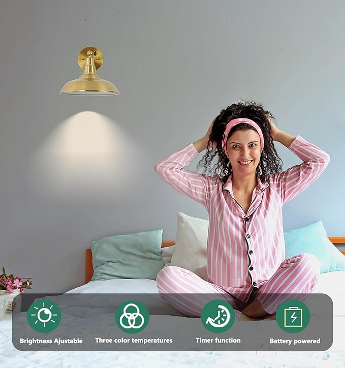 Gold Vintage Battery Powered Wall Sconce Decor Set of 2, Wireless Vintage Wall Sconce with Remote Control, Dimmable LED Wall Light for Bedroom, Hallway, Farmhouse Indoor Wall Sconce