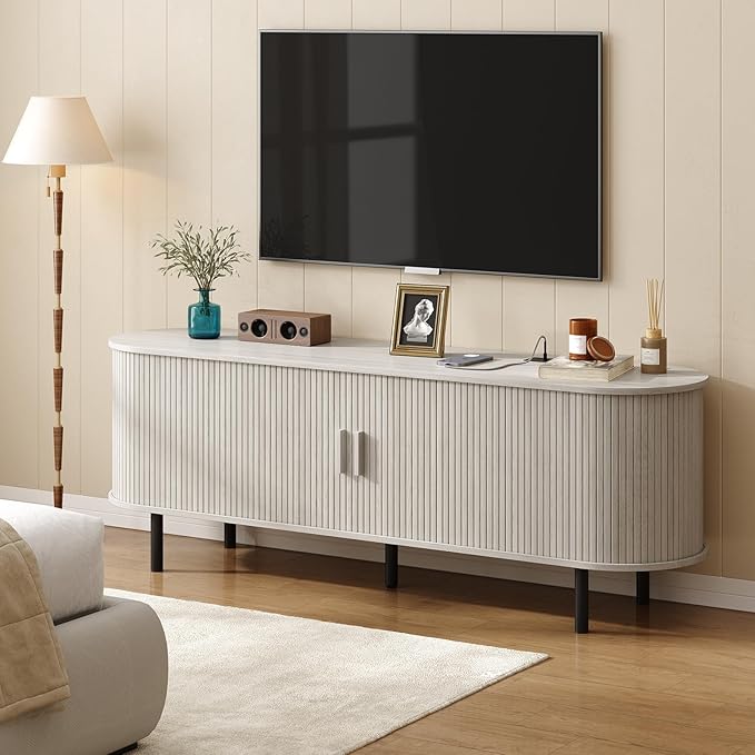 63" TV Stand with Power Outlet for TVs up to 70 Inch, Entertainment Center with Storage and Adjustable Shelves, Modern Media Console with Sliding Doors for Living Room, Natural White