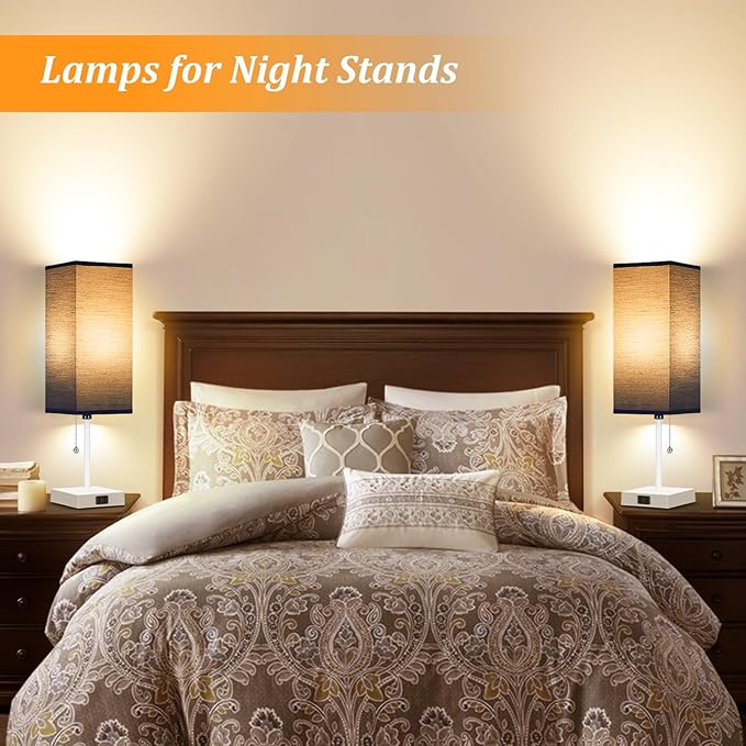 Table Lamp for Bedroom set of 2,3-Color Bedside Lamps with Pull Chain Table Lamps for Nightstand with AC Outlets,18'' Night Light Lamps with 2 Bulbs Lamps for Living Room Kids Office Decor(White-blue)