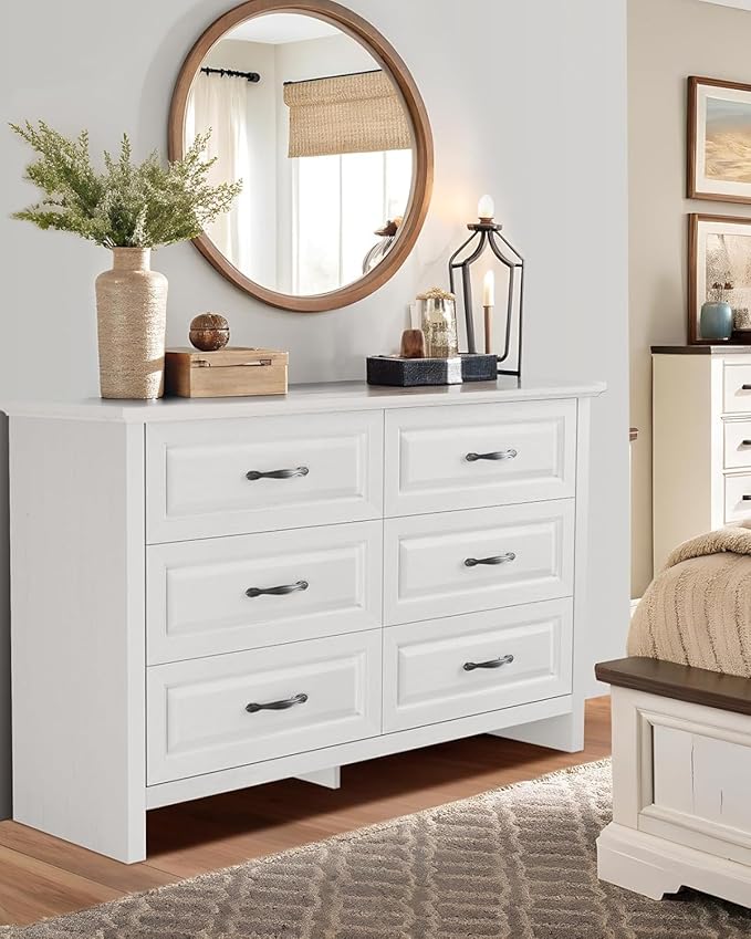 Pipishell White 8 Drawers Dresser for Bedroom, 47" Wide Wood Rustic Chest of Drawers with Bar Handles, Farmhouse Storage Dressers Organizer for Bedroom, Living Room, Hallway, White