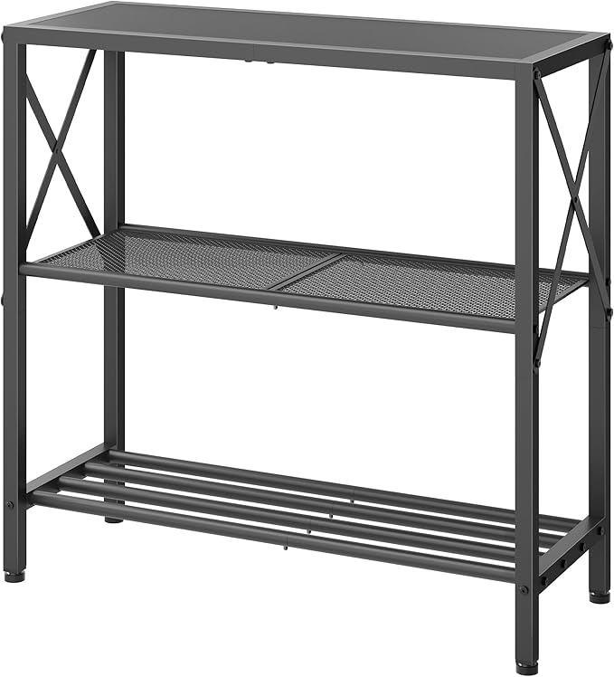 Hoctieon Industrial Console Table, 3-Tier Entryway Table, Metal Frame, Sofa Tables with Shelf, Hallway Desk, Entrance Desk for Entryway, Living Room, Foyer, Hallway, Black