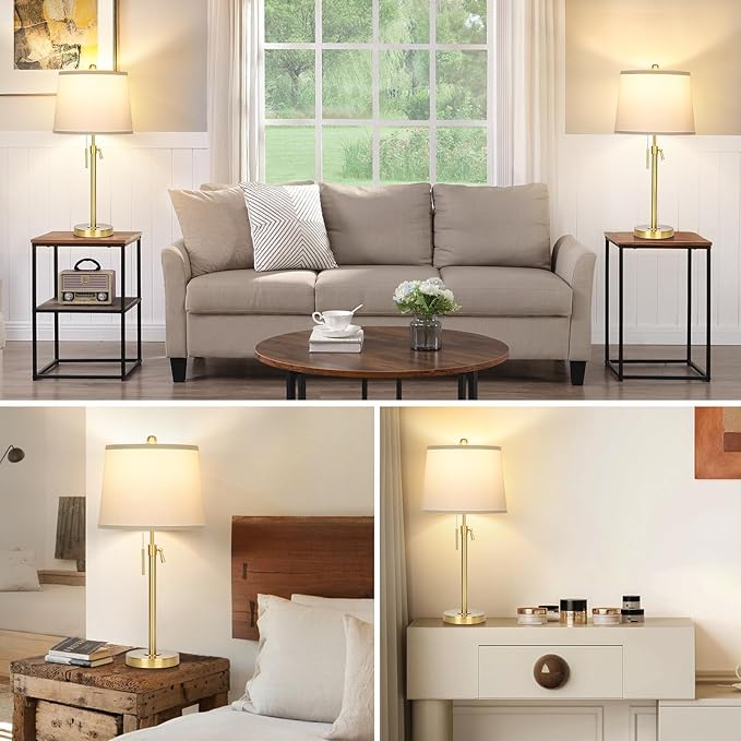 Gold Table Lamps Set of 2, Adjustable Height Tall Lamp with White Shade 3 Color Temperature Pull Chain Modern Brass Lamp for Living Room Bedroom Bedside End Table Nightstand (9W LED Bulbs Included)