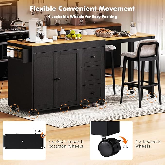 74.8" Rolling Kitchen Island with Extendable Dining Table, Kitchen Storage Cart with 3 Drawers and Power Outlet, Mobile Island Table with Spice Rack and Double-Door Cabinet (Black)