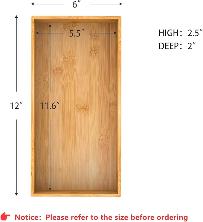 Bamboo Kitchen Drawer Organizer, Wooden Storage Box for Utensil Organizer Silverware Tray Cutlery Holder Flatware Containers - Multi-Use Deep Drawer Dividers Organizer for Bathroom, Jewelry, 12"6"2.5"