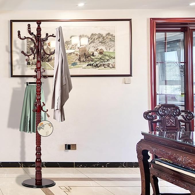 Coat Rack Freestanding, Wooden Tree Coat Rack Stand with 3 Adjustable Sizes Coat Tree and 14 Hooks, Sturdy Hall Tree with Solid Round Base for Entryway, Hallway,Bedroom (Reddish brown)