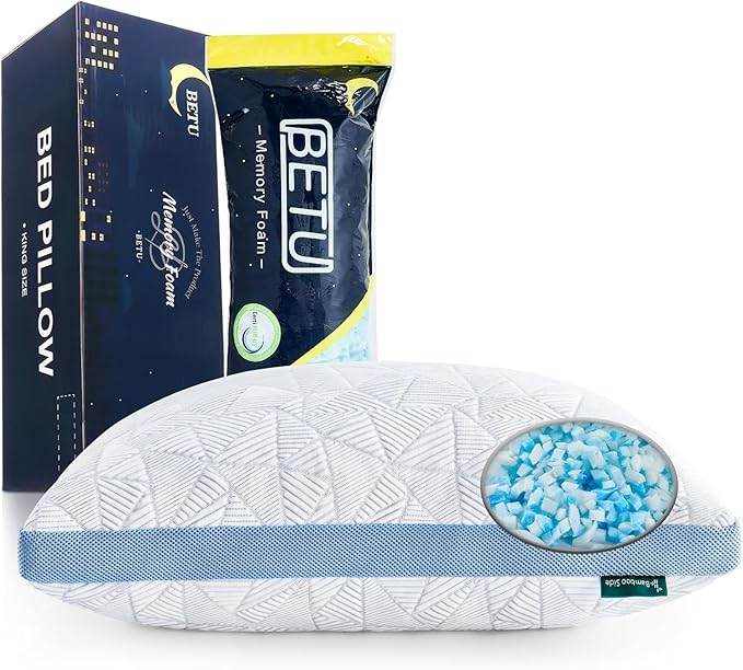 BETU Cooling Pillows Standard Size Set of 2, Shredded Memory Foam Cool Pillows for Hot Sleepers, Adjustable Firm Soft Support Bed Pillows Perfect for Back Neck Pain and Side Sleeping, Blue