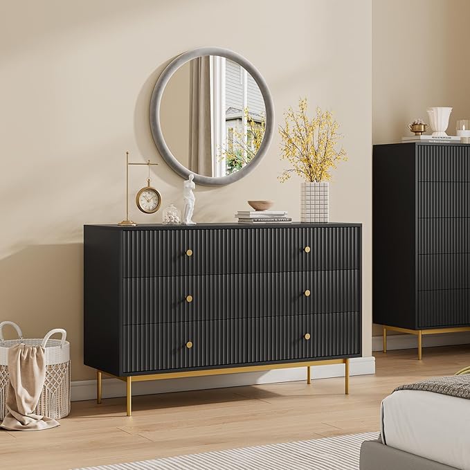 6 Drawer Double Dresser for Bedroom, Black Dresser with Gold Handles, Black 6 Drawer with Fluted Panels for Bedroom