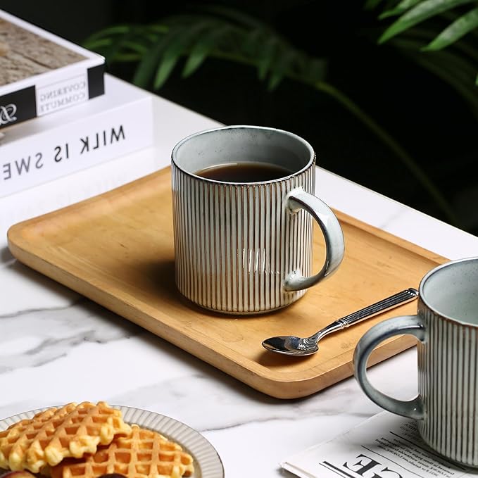 MONITO 16Oz Coffee Mugs Set of 4, Rustic Ceramic Coffee Cups Set with Large Handle, Vintage Striped Stoneware Coffee Mugs for Latte, Cocoa, Tea, Milk, Microwave & Dishwasher Safe, Smoky Blue