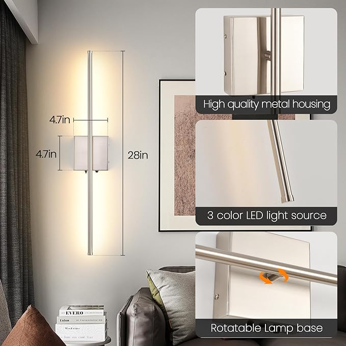 Set of 2 Battery Operated Wall Sconces, 11000mAh Wireless Rechargeable Brushed Nickel Wall Lights with Remote Control, 350°Rotate Dimmable Wall Lamp, 3 Color Temperatures, for Bedroom, Living Room