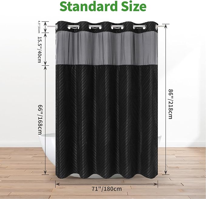 no Hook Shower Curtain and Liner Set,Boho Style with See Through Top Window, Black Fabric Tufted Striped Textured Outer Curtain & Waterproof Inner Liner, DarkBlack, 71Wx86H