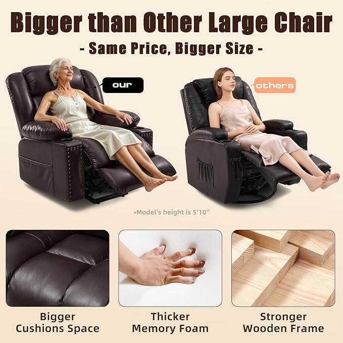 Large Power Lift Chairs Recliners for Elderly with Heated and Massage, Overstuffed Adjustable Lift Chairs, 3 Positions, Breathable Leather, USB-A and USB-C, Cup Holder, Side Pocket Dark Brown