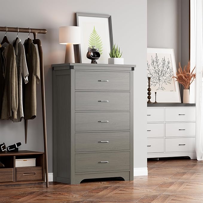 Farmhouse 5 Drawer Dresser for Bedroom, 47" Tall Chest of Drawers, Wood White Dresser with Deep Drawers, Storage Dressers Organizer for Bedroom, Living Room, Hallay, Grey