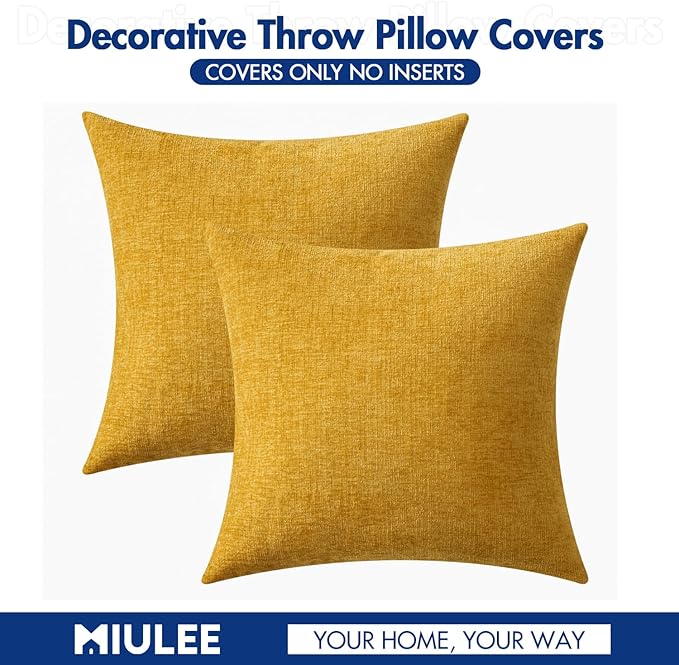 MIULEE Pack of 2 Mustard Yellow Throw Pillow Covers 16x16 Inch Soft Spring Chenille Pillow Covers for Sofa Living Room Couch Solid Dyed Cases