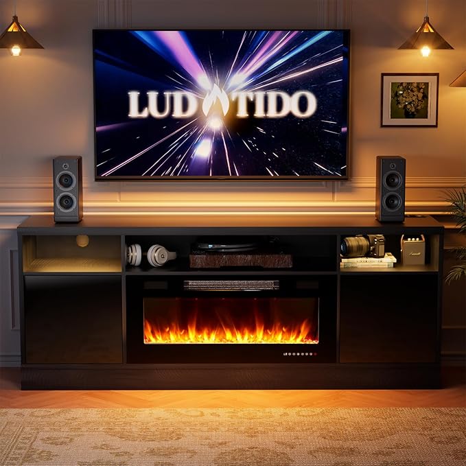 Ludatido 70 Inch Premium TV Stand with 36 inch Electric Fireplace 27 Inch high LED Light Entertainment Center Easy to Assemble for TVs Up to 85'' with USB&AC Power Interface Black