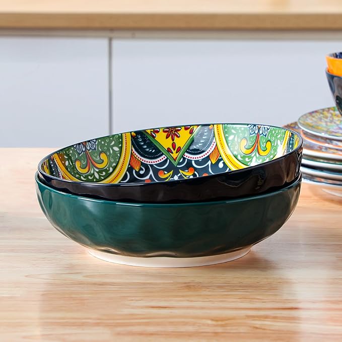 vancasso Large Serving Bowls, 78 Oz Extra Large Salad Bowls Set of 2, Bohemian Decorative Bowls for Salad, Fruit, Pasta and Dinner, Serving Dishes Set for Party, Dishwasher & Microwave Safe-Green
