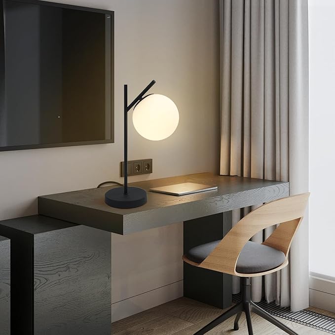Mid Century Modern Table Lamp Contemporary White Glass Globe Table Lamp Vintage Nordic Desk Lamp Metal Nightstand Lamp for Office Study Room Bedroom(H19.2)