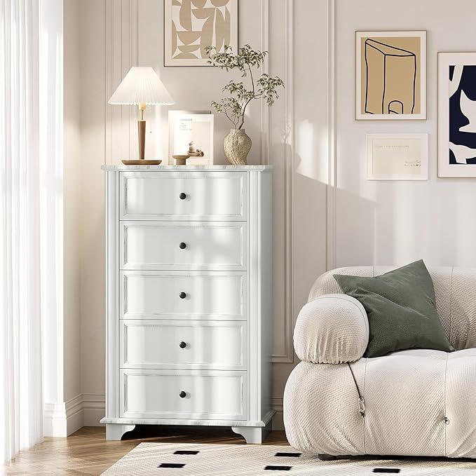 VINGLI White Dresser, 47" Tall Dresser Wood, 5 Drawer Dressers for Bedroom, White Chest of Drawers