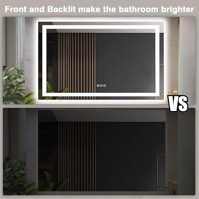 55"x36" LED Bathroom Mirrors for Wall, Front and Backlit Mirror, Anti-Fog Light up Mirror, Stepless Dimmable Lighted Mirror, 3 Colors Smart (Horizontal/Vertical)
