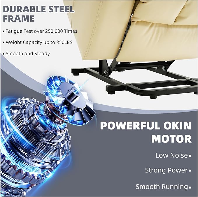 Power Lift Recliner Chair for Elderly, Electric Recliner Chairs for Adults with Massage and Heat, Cup Holders, Remote Control, USB Ports, Side Pockets, Leather (Cream)