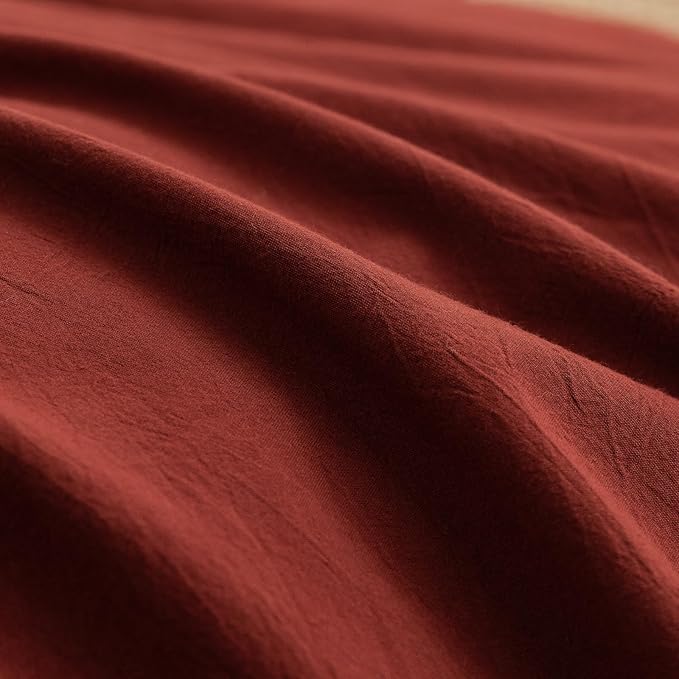 BESTOUCH Duvet Cover Set 100% Washed Cotton Linen Feel Super Soft Comfortable Chic Lightweight 3 PCs Home Bedding Set Solid Fired Brick Red Oversized Queen