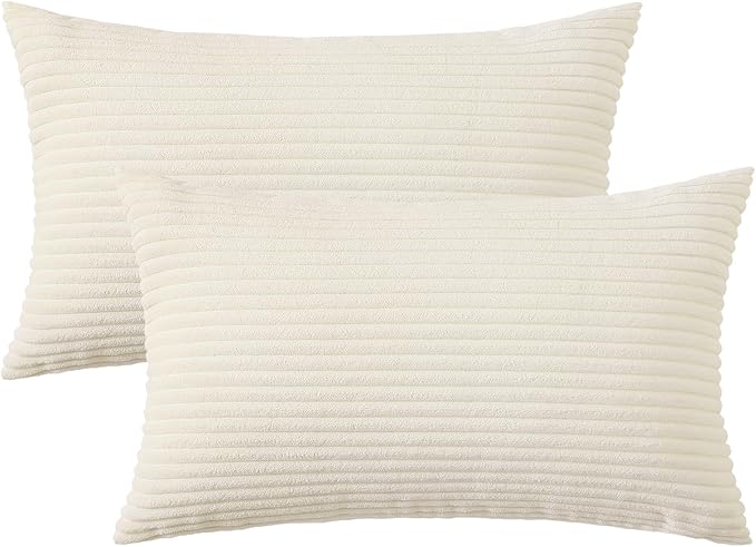 Mecatny Corduroy Decorative Throw Pillow Covers 12x20 Set of 2 for Sofa Living Room, Soft Neutral Boho Couch Pillow Covers for Home Decor, Cream White