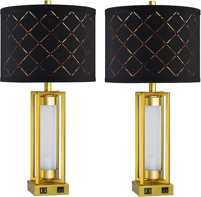 RORIANO Set of 2 Modern Table Lamps for Living Room Bedroom with USB C+A, Rustic Nightstand Lamps with White Night Light, Black Grid Shade, Desk Lamps for Bedside End Tables, 4 Bulbs Included (Gold)