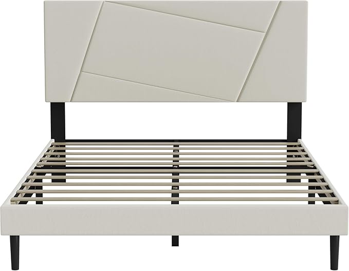 Full Size Bed Frame, Full Platform Bed Frame with Velvet Upholstered Headboard, Geometric, Sturdy Frame and Wooden Slats, Noiseless, No Box Spring Required, Easy to Assemble,Beige