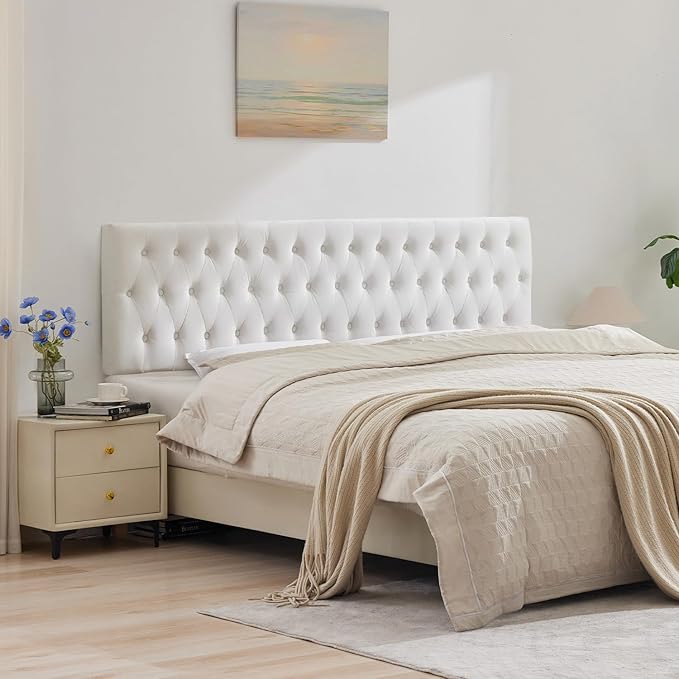 Kingfun Tufted Upholstered Queen Size Bed Headboard in Modern Button Design, Adjustable Solid Wood Head Board, Premium Velvet Fabric Padded Headboards in Bedroom (White)