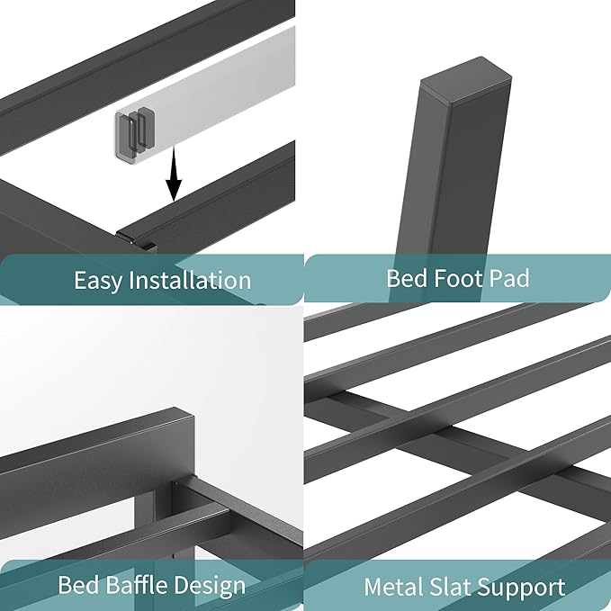 Twin Size Black Metal Bed Frame with USB Charging Station, LED Ambient Lighting, and Wooden Storage Headboard - Includes Under-Bed Storage, No Box Spring Needed, Noise Free, Easy Assembly