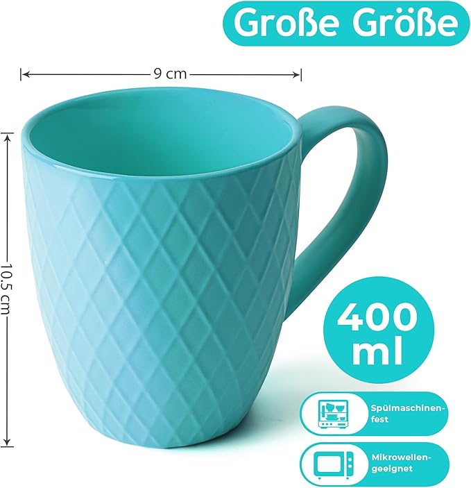 MIAMIO - Coffee Mugs set of 6 / Coffee Cups - 6 x 14 Oz Ceramic Mugs - Large Coffee Mugs - Microwave & Dishwasher safe - Palmanova Collection (Blue)