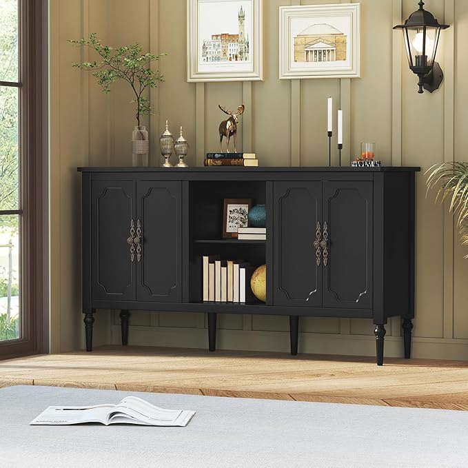Vintage Buffet Sideboard Cabinet with 4 Doors, 59" Mid Century Modern Storage Cabinet with Shelf, Decorative Accent Credenza TV Stand (Black)