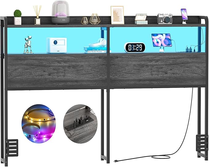 Aheaplus Headboard for Queen Size Bed Frame, Headboards with Outlets, USB Ports and LED Light, Head Board with Storage, Height Adjustable, Sturdy and Stable Headboard, Queen Size, Black Oak