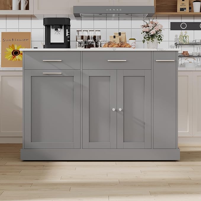 4 EVER WINNER Kitchen Island with Trash Can Storage, Kitchen Islands on Wheels with Marble Countertop, Portable Island Cart for Kitchen, Gray